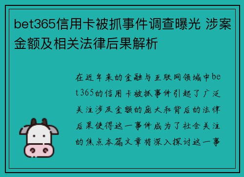bet365信用卡被抓事件调查曝光 涉案金额及相关法律后果解析